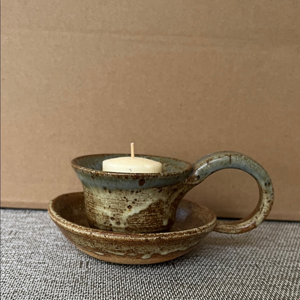 Ceramic Handthrown Signed Studio Pottery Candle Holder attached Saucer signed - Picture 5 of 7